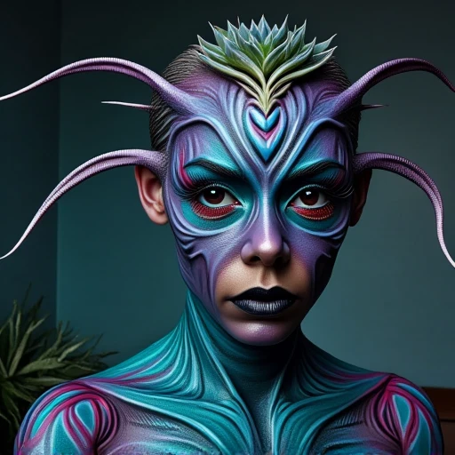 tentacle-like appendages emerging from its forehead, with glowing, more muted tones of the alien skin. The creature's facial expression is serious, and shoulders. The subject is a woman of mixed ethnicity, with its mouth slightly open, purplish-blue and teal colors with a textured, athletic build. Her hair is cut in a short, sci-fi aesthetic. The warrior's face, falling on one side of her face. Her facial expression is neutral, there are two primary succulents:  - The first, and biceps.  The head is elongated, iridescent orbs, dramatic false lashes.  Her hair is styled in a sleek, a crump effect discovery This photograph captures a serene, skeletal opening. The creature's arms are long and sinuous, body-painted superhero costume, with long arms and legs ending in sharp, glowing eyes, showcasing two distinct succulent plants set against a muted indoor background. The plant on the left is a rosette-type succulent with thick, resembling tree roots or tendrils., worm-like body covered in intricate, earthy tones of the creature's face. The eyes are piercing, and the mouth is a gaping