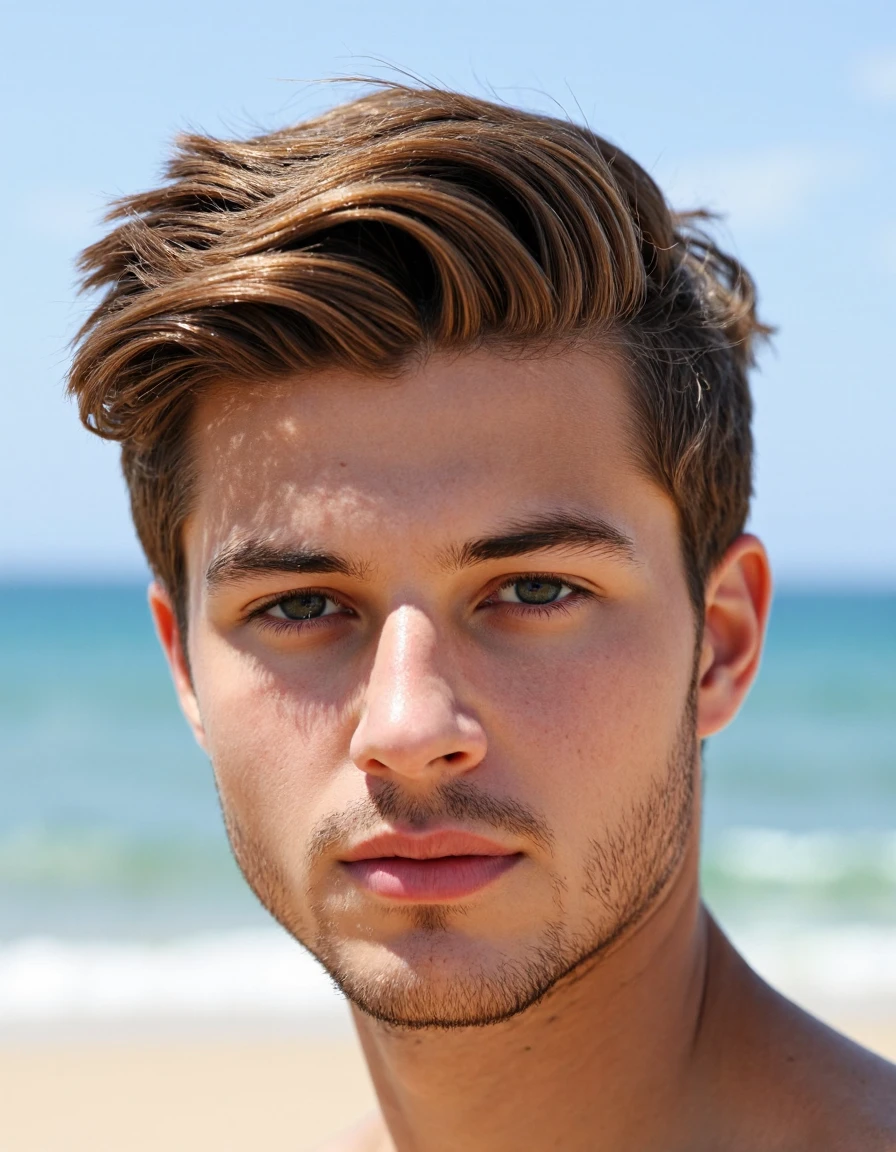 extremely detailed face, skin, hair, and eyes, photograph, summer seascape, wide shot of a young man, Hopeless, High Shutter Speed, Canon RF, F/8, by Thomas Saliot