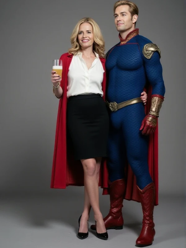 <lora:Madelyn_Stillwell:0.9> madelyn stillwell, blonde hair, realistic, shirt, smile, jewelry, black pencil skirt, higheels. full body. She is next to a blond man wearing a blue bodysuit and a red cape. They holds glass of milk