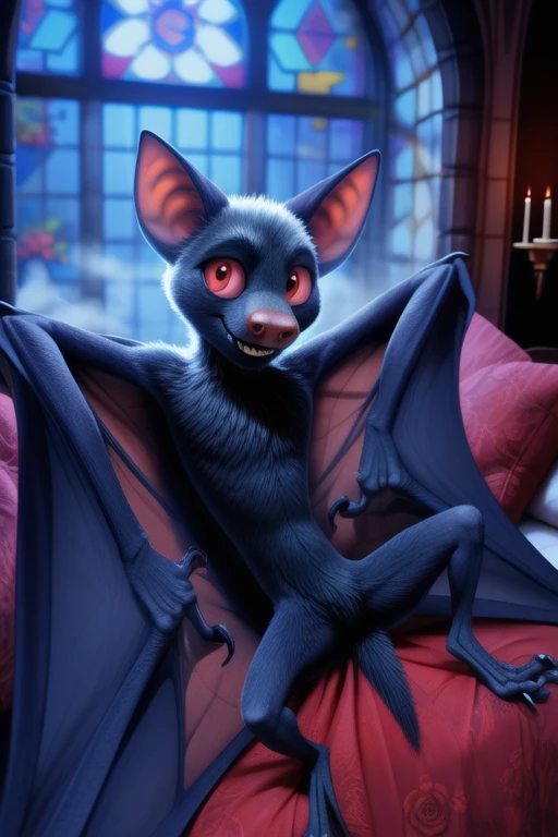 male, solo, solo male, batdrac, vampire bat, anthro bat, black fur, (winged arms, patagium, membrane \(anatomy\):1.2), colored sclera, pink sclera, red nose, red eyes, chest tuft, body fur, (skinny, petite, tiny waist:1.2), half-closed eyes, blush, open mouth, fangs, steam, looking at viewer, short tail, furry male, tiny, chibi, velvet, bed, lying, on back, folded wings, lounge chair, reclining, castle interior, rose window, stained glass, bedroom, pillow, ornate, night, masterpiece, extreme detail, candle, flirty, sexy grin, colorful, featureless crotch, crotch tuft, spread legs, bent arms