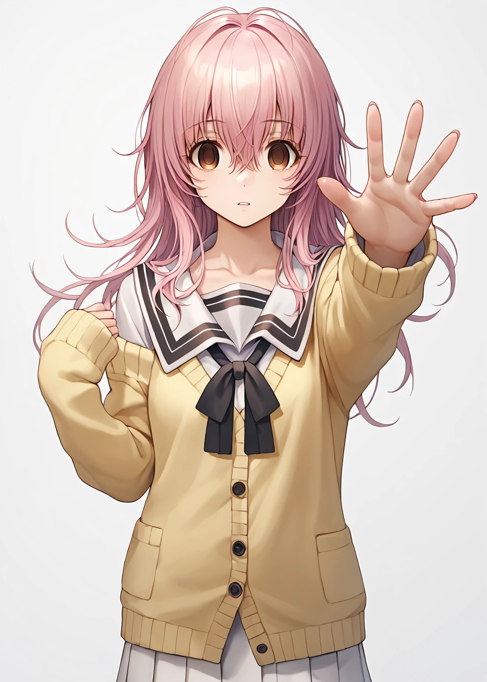 score_9, score_8_up, score_7_up, score_6_up, score_5_up, score_4_up, simple background, (white background), 1girl, solo, aoimukou, looking at viewer, reaching towards viewer, pink hair, empty eyes, brown eyes, hair between eyes, serafuku, collared shirt, skirt, sweater, sleeves past wrists, cardigan, off shoulder, school uniform, black bow, long sleeves