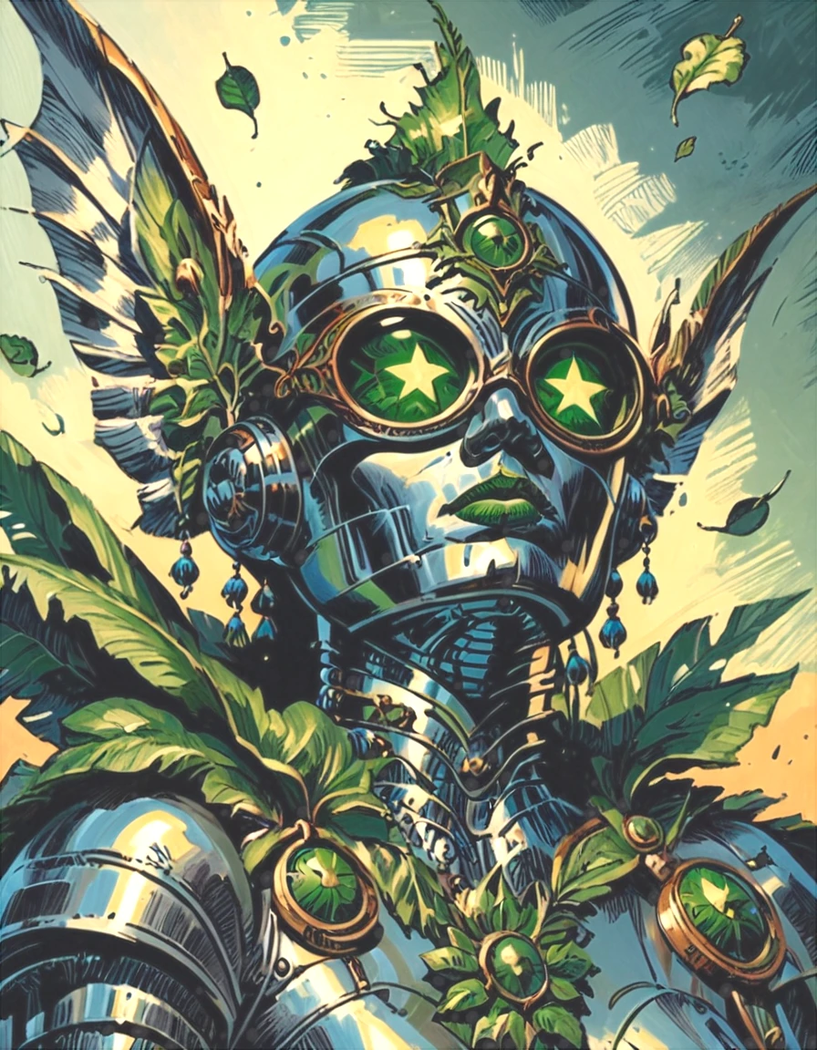 <lora:RetroHero:1> , RetroHero  Metallic green and silver suit with leaf and vine designs, gauntlets that shoot bio-synthetic spores to stun foes, retractable wings for gliding, and a helmet with enhanced nature detection., score_9, score_8_up, score_7_up, masterpiece , detailed , well drawn,  clear