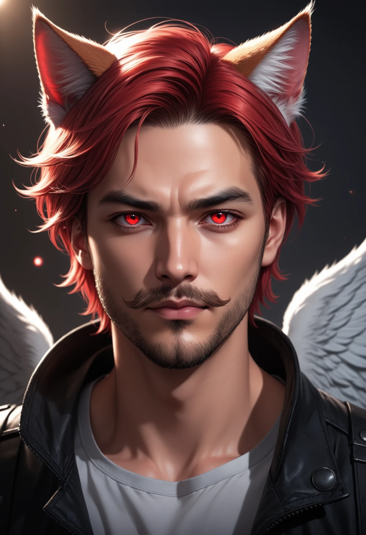 solo, animal ears, 1boy, solo, male focus, facial hair, red eyes , looking at viewer, beard, red hair, mustache, wings, lips, cat ears, depth_of_field, very detailed background, extreme light and shadow, (detailed eyes), (beautiful), beautiful detailed eyes, perfect lighting , perfect anatomy, (extremely detailed illustrated 8k wallpaper), art by Jim Lee, comic art style, masterpiece, very aesthetic