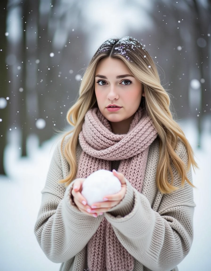 <lora:catherine-corcoran:1>catcorco, corcoran, goddesscor, cinematic, cinematic lighting,.ultra realistic, ultra defined textures and colors, shot in the style of Sony Alpha A7 III,  looking at the viewer,in a Winter Wonderland, soft, diffused winter daylight highlights her cozy sweater and knit scarf in a snow-covered park. Throwing snowballs with rosy cheeks and warm tones makeup, her playful moments are captured with a 35mm lens against cool winter hues and frosty scenery., detailed skin texture, (blush:0.5), (goosebumps:0.5), subsurface scattering, Photorealistic, Hyperrealistic, Hyperdetailed, analog style, soft lighting, subsurface scattering, realistic, heavy shadow, masterpiece, best quality, ultra realistic, 8k, golden ratio, Intricate, High Detail, film photography, soft focus