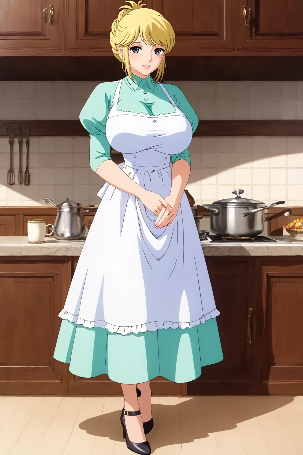 ((((masterpiece, best quality, high resolution)))), 1girl, white hair, purple eyes, bob cut, wavy hair, average breasts, blush, light smile, parted lips, glow, thighs, bare shoulders, collarbone, narrow waist, cleavage, (masterpiece), (beautiful detailed face, beautiful detailed eyes), (naked apron, kitchen, arms behind back,)