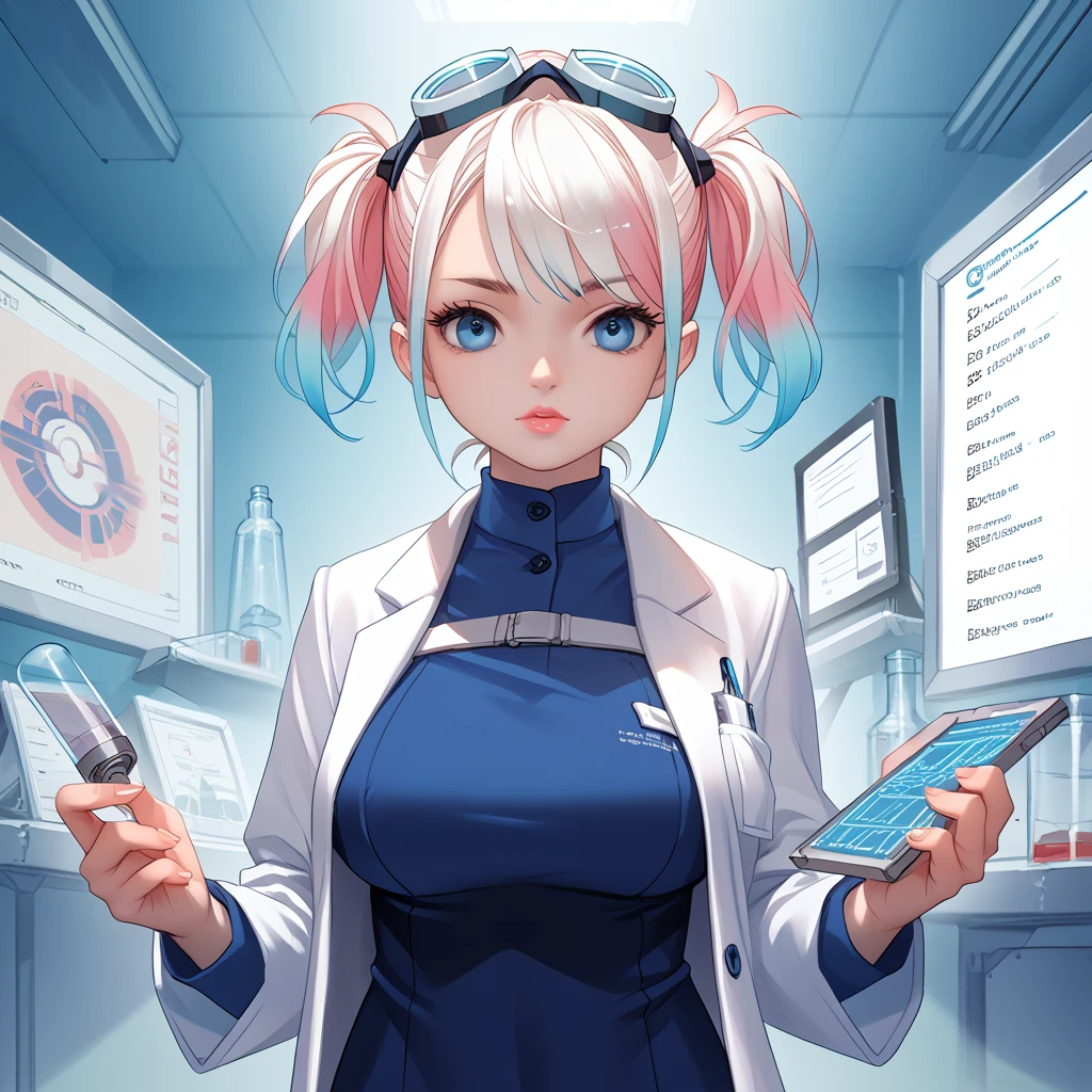 uncensored, score_9, score_8_up, score_7_up, score_6_up, score_5_up, score_4_up, 1girl, large breasts, a woman working in a modern laboratory, surrounded by scientific equipment, wearing a lab coat and safety goggles, business suit, focused on her research, bright and clean environment, high detail, cinematic lighting, digital painting, by Artgerm and James Gurney, 4k resolution, masterpiece, 
<lora:StellaComposite_NotARealPerson_v2.0_PDXL:0.8> stellacomposite, realistic, lips, multicolored hair, short twintails hair style, Blue colored eyes,,