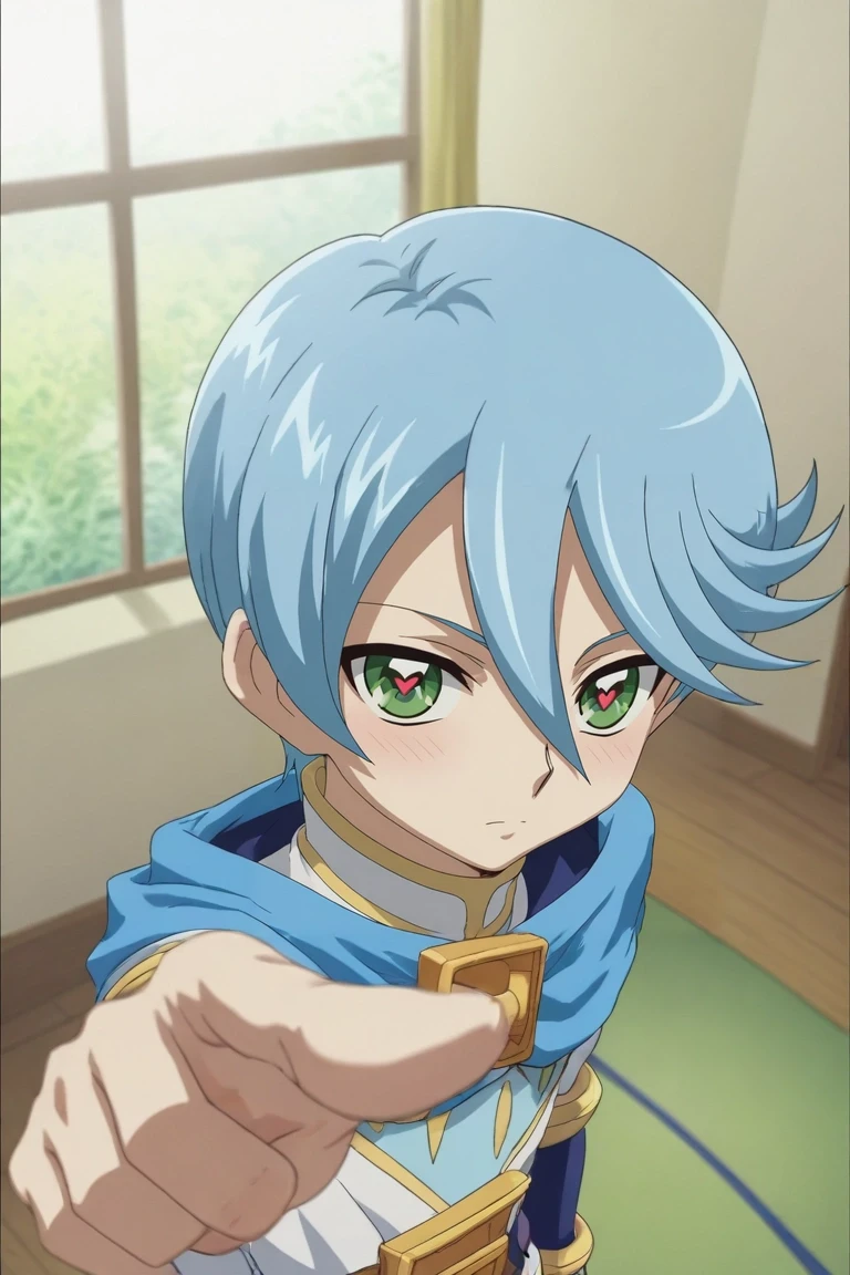 score_9, score_8_up, score_7_up, , rating_safe, intricate details, semi-realistic, looking at viewer, depth of field, 1boy, solo, male focus, <lora:fuuya_okudaira_pony:1>, fuuya_okudaira, blue hair, green eyes, short hair, hair between eyes, , from above, dining room, indoors, pointing, heart eyes, joggers,, <lora:sdxl_lightning_8step_lora:1>