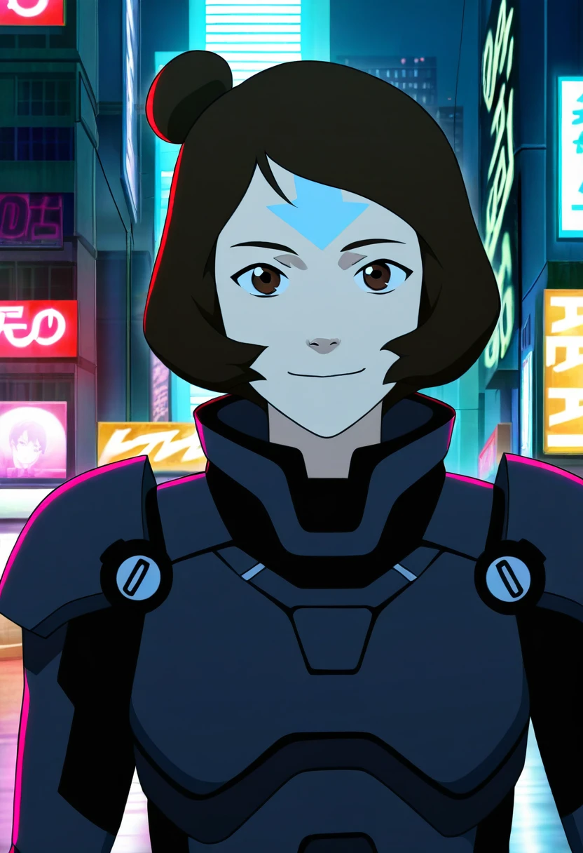 anime screencap,8k, absurd res, jinora, 1girl, solo, looking at viewer, short hair, brown hair,brown eyes,facial tattoo, outdoors, wearing a sci fi armor,detailed background, cyberpunk,city, upper body,smile,neon <lora:jinora:1>