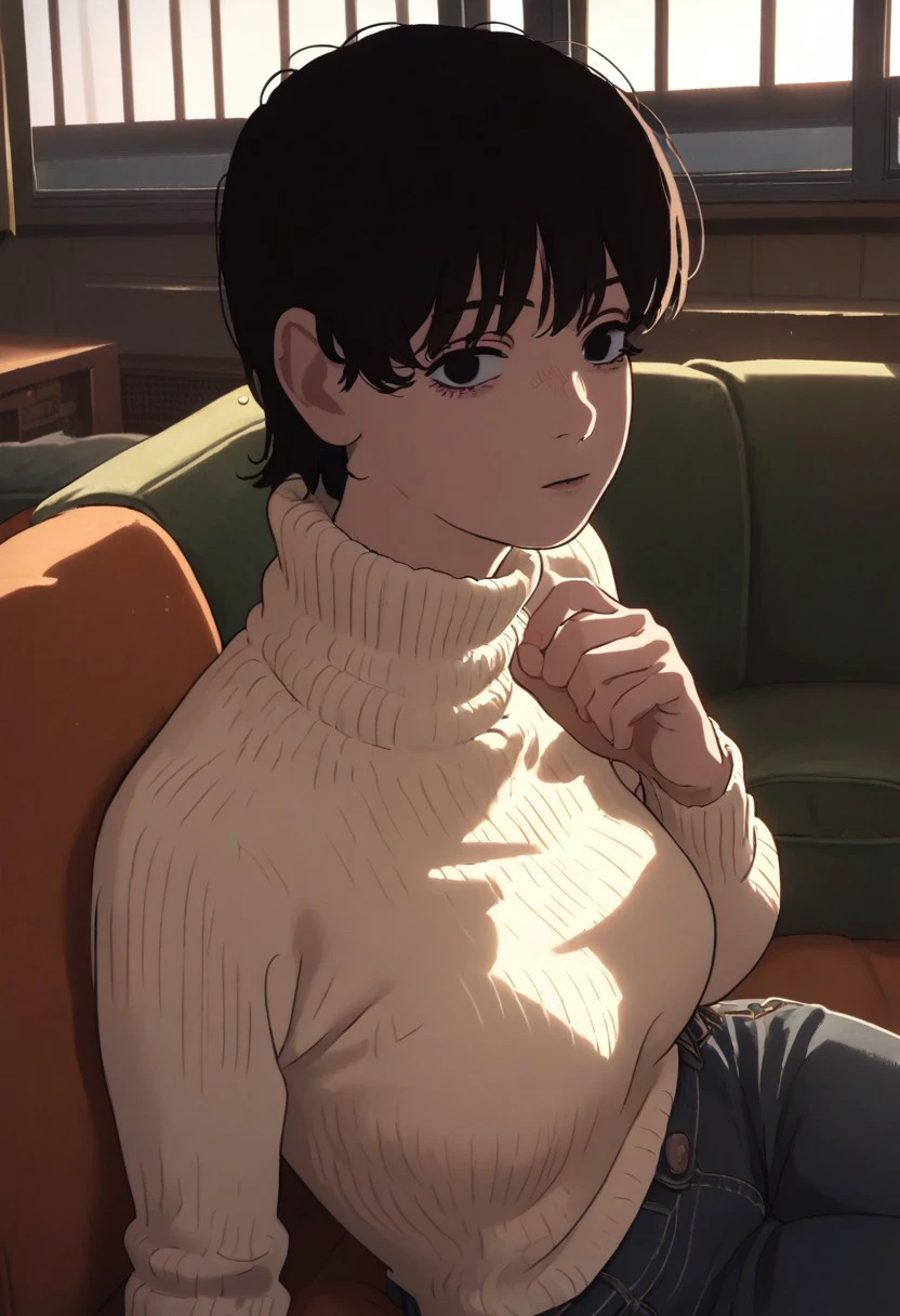 score_9_up, score_8_up, score_7_up, score_6_up, BREAK Fuj1noLB, 1girl, black hair, short hair, bangs, black eyes, turtleneck sweater, white sweater, black jeans, sitting on sofa, lying on side, living room, window, looking at viewer, bright lighting, beautiful background, beautiful art, detailed background