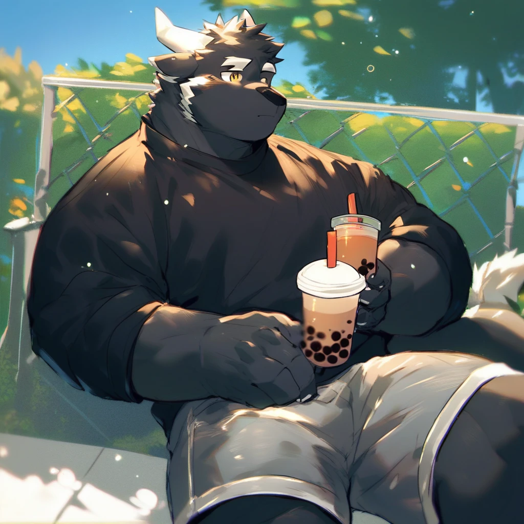 score_9_up, score_8_up, score_7_up, source_furry, mikus-style, black dragon, black body, white horns, yellow eyes, park, holding, bubble tea, black sweater, gray shorts, 1boy, solo