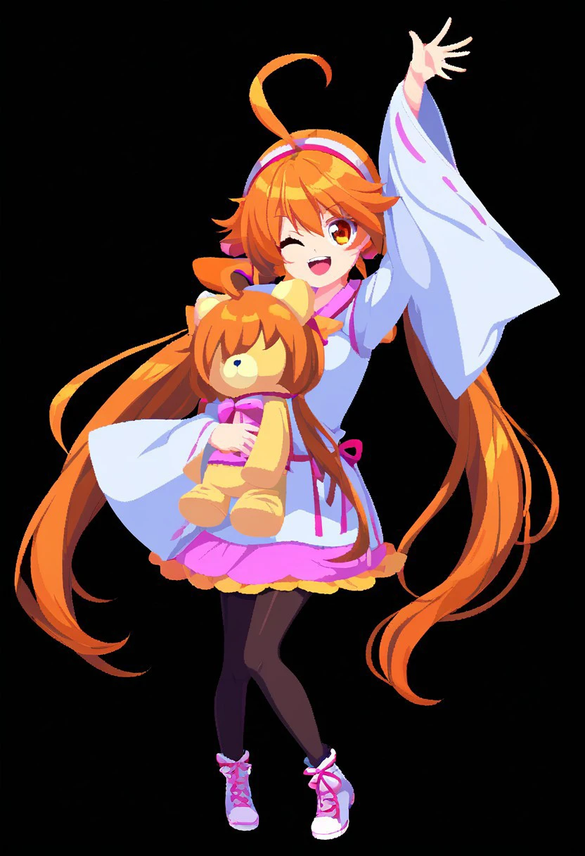 characterpic, 1girl, solo, long hair, looking at viewer, smile, open mouth, skirt, simple background, brown hair, long sleeves, dress, twintails, very long hair, full body, ahoge, pantyhose, hairband, one eye closed, shoes, teeth, wide sleeves, orange hair, arm up, orange eyes, sleeves past wrists, black pantyhose, stuffed toy, stuffed animal, ;d, black background, sleeves past fingers