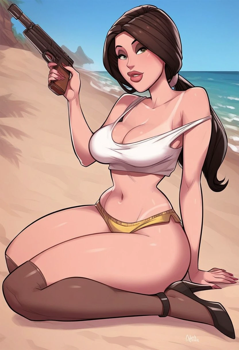 60 years old woman, all fours, on beach house, big butt, white skin, short dark hair, journalist uniform, looking back