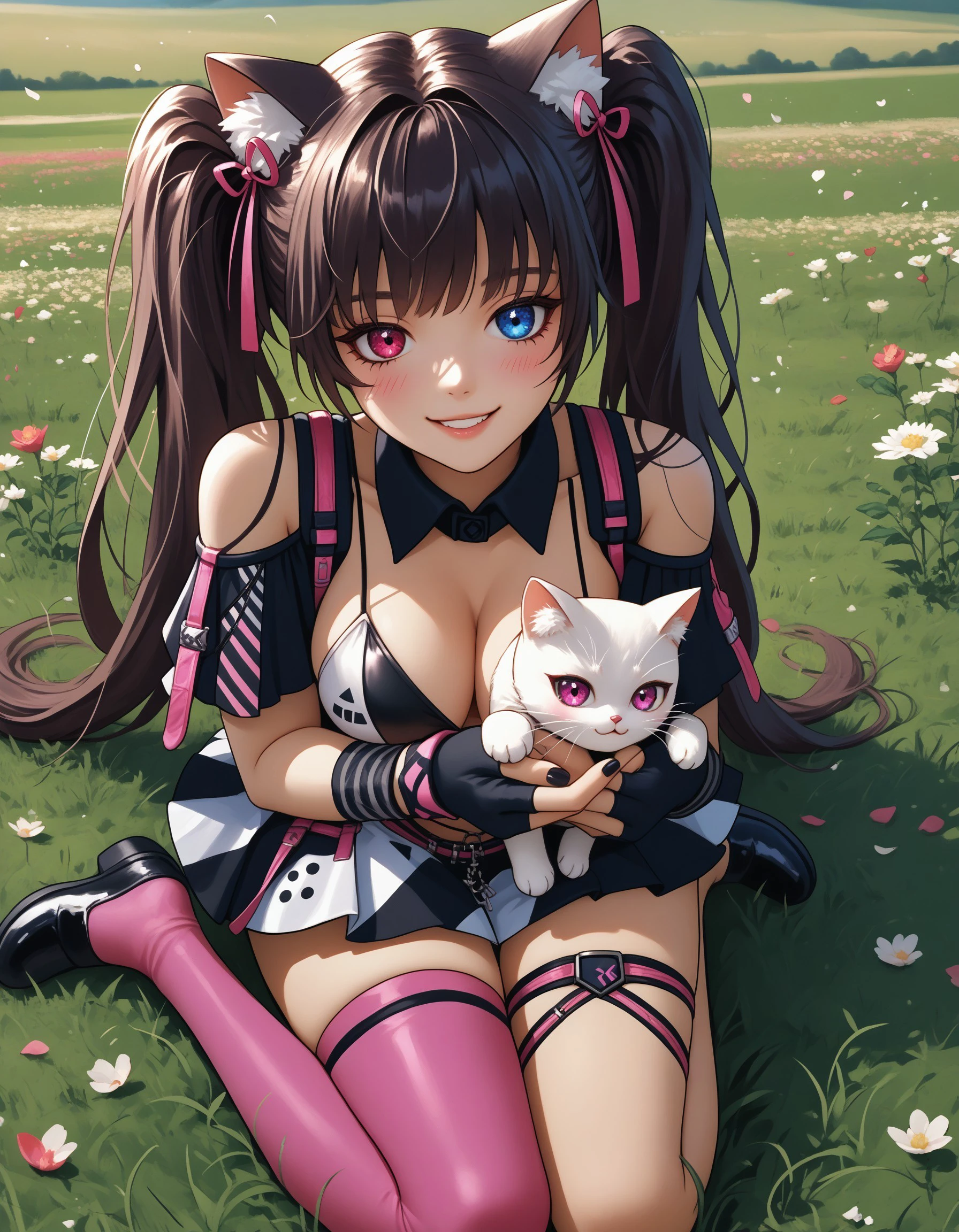 score_9, score_8_up, score_7_up, source_anime, outdoors, field, (flower), wind, falling petals,
BREAK
1girl, nknero, long hair, twintails, black hair, bangs, cat girl, cat ears, heterochromia, blue eyes, pink eyes, two-tone bikini, two-tone skirt, highleg panties, detached collar, shoulder cutout, harness, fingerless gloves, navel, large breasts, cleavage, thigh strap, single thighhigh, pink thighhighs, sitting, on grass, from above, full body, looking at viewer, smile, :3, blush, paw pose, black nails, black footwear, white cat, holding animal, hugging animal, 
<lora:neronikke-pdxl-ravenfoot-v1-CAME:1>