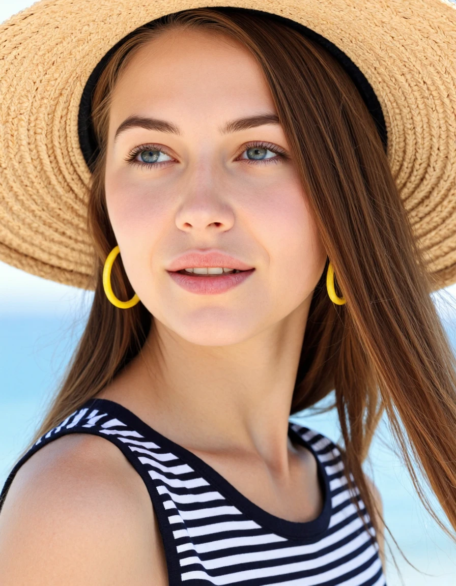 extremely detailed face, skin, hair, and eyes, photograph, summer seascape, woman is wearing a large straw hat. She has long brown hair and is wearing large yellow earrings. There is a striped shirt under the hat. The woman has blue eyes and is looking off to the side. High Shutter Speed, Canon RF, F/8, by Thomas Saliot