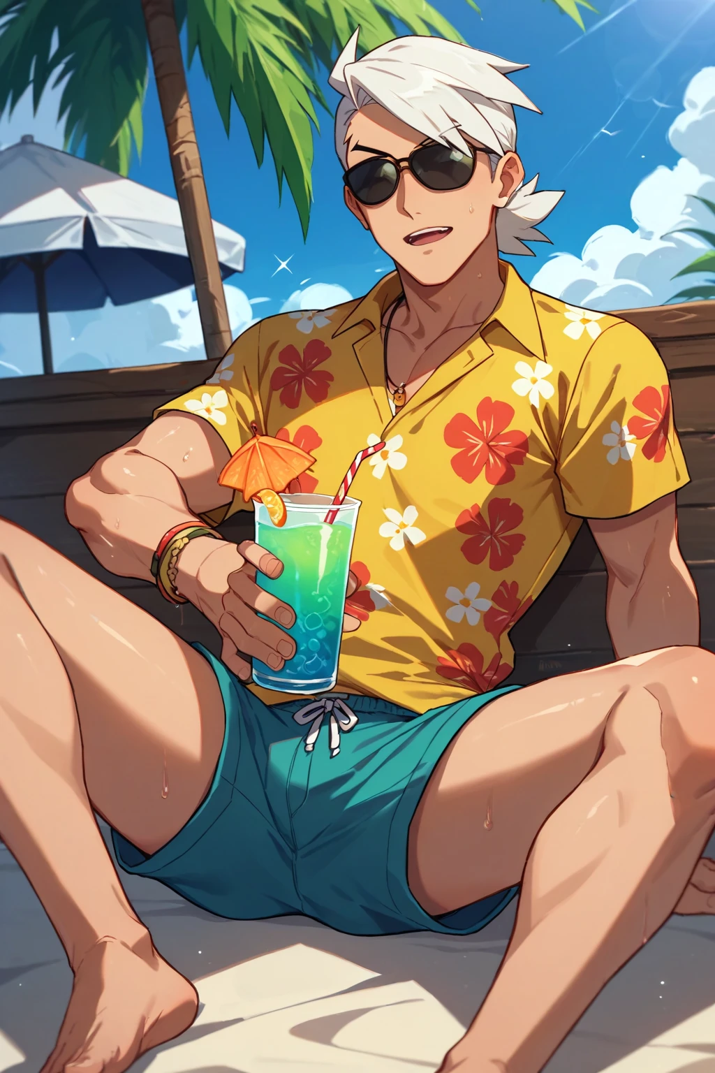 (score_9, score_8_up:1.1), score_7_up, high res image,masterpiece, professorfriede, 1boy, solo, white hair, yellow eyes, sunglasses, hawaiian shirt, tropical drink, male swimwear, beach, sitting, spread legs