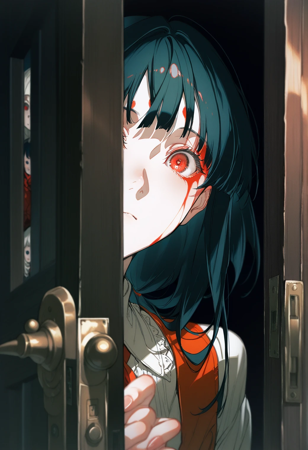 Best quality, masterpiece, Representative work, official art, professional, Very complex detailed, 8 K, dark surreal, complex design, Dramatic shadows, an anime girl with big eyes stands in the doorway of an abandoned building, pale young ghost girl, A girl with white eyes, with huge glowing sad eyes, work in Guweiz style, mysterious girl, creepy art style, by Kamisaka Sekka, eerie and grim art style, Junji, creepy atmosphere