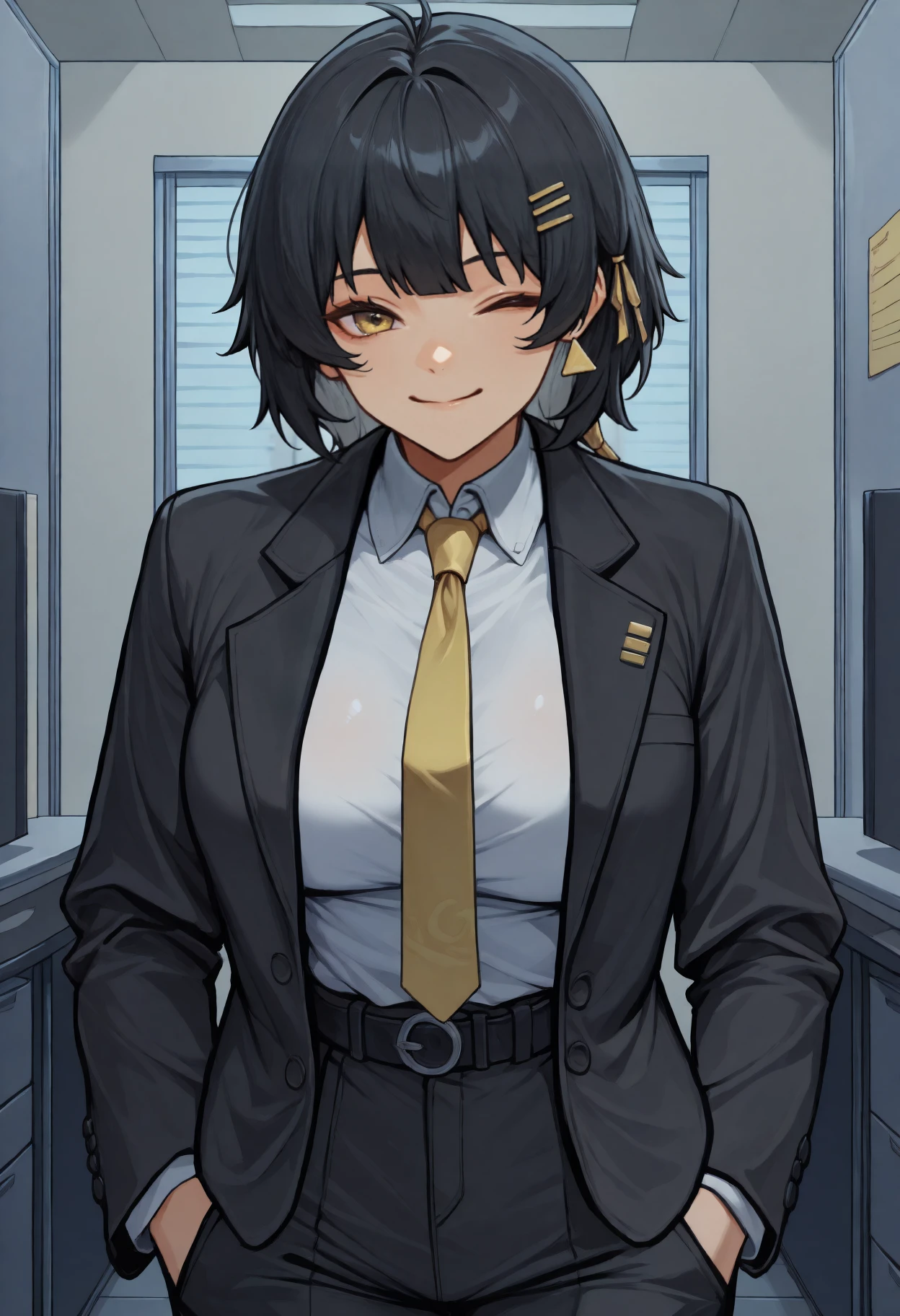 anime, masterpiece, best quality, <break> cowboy shot, solo, 1girl, femr0ver, smile, looking at viewer, standing, hands in pockets, long hair, black hair, hair ornament, hairclip, yellow eyes, one eye closed, formal, suit, black jacket, suit jacket, open jacket, long sleeves, white shirt, collared shirt, yellow necktie, black pants, white belt, triangle earrings, large breasts, indoors, office, cubicle, window
<segment:yolo-face_yolov8m.pt,0.4,0.5//cid=1>