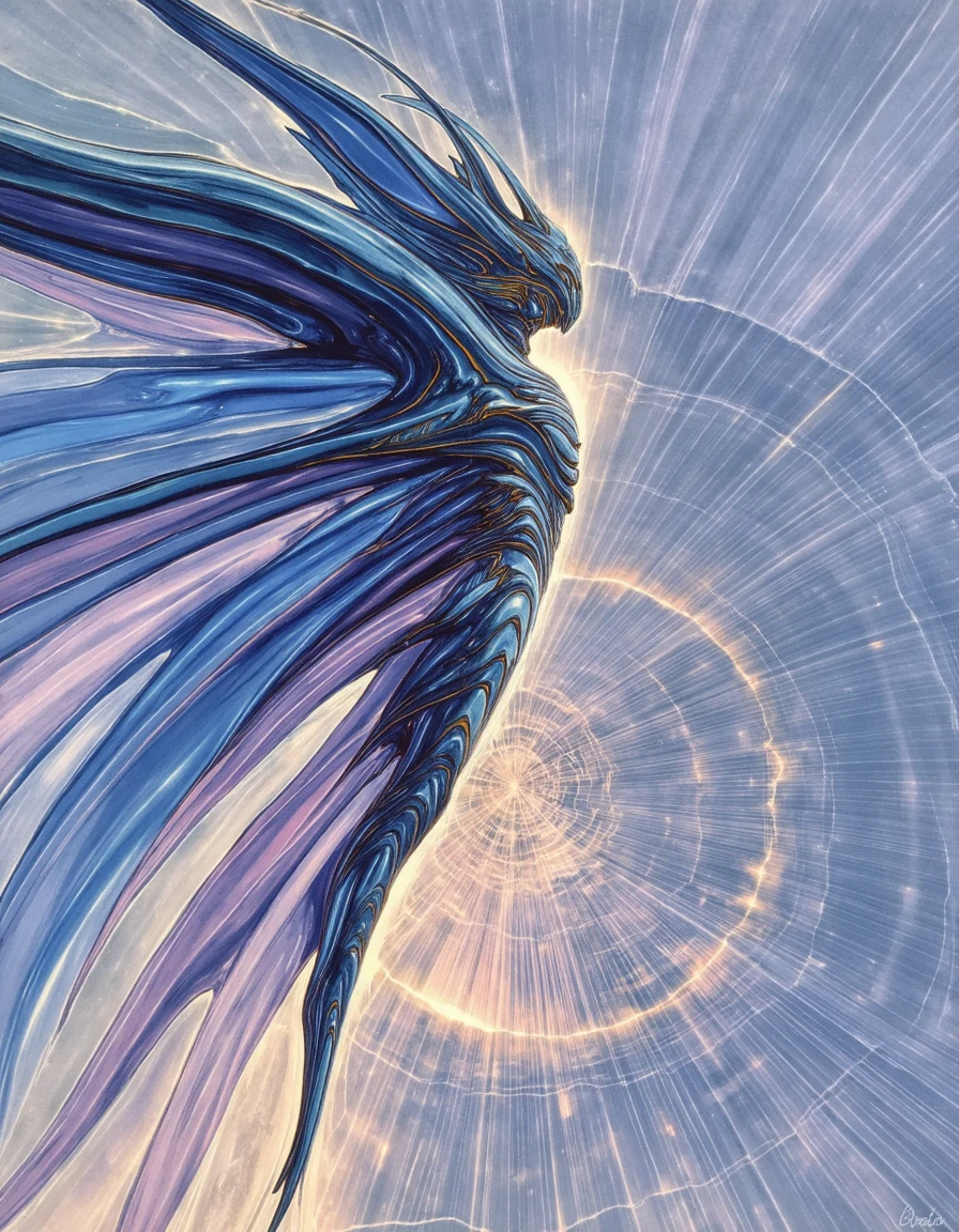 rven, side view of a floating mythical being made out of blue mineral material sleek and futuristic with purple and lilac, feathery wings protroding backwards and downwards, ethereal gold light outline, the background is a shattered liquid spider web lilac and grey with light orange mixed in