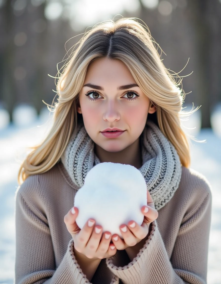 <lora:catherine-corcoran:1>catcorco, corcoran, goddesscor, cinematic, cinematic lighting,.ultra realistic, ultra defined textures and colors, shot in the style of Sony Alpha A7 III,  looking at the viewer,in a Winter Wonderland, soft, diffused winter daylight highlights her cozy sweater and knit scarf in a snow-covered park. Throwing snowballs with rosy cheeks and warm tones makeup, her playful moments are captured with a 35mm lens against cool winter hues and frosty scenery., detailed skin texture, (blush:0.5), (goosebumps:0.5), subsurface scattering, Photorealistic, Hyperrealistic, Hyperdetailed, analog style, soft lighting, subsurface scattering, realistic, heavy shadow, masterpiece, best quality, ultra realistic, 8k, golden ratio, Intricate, High Detail, film photography, soft focus