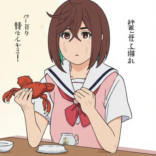 Digital illustration in Dandadananimestyle style featuring MomoAyaseDandadan a young woman in school uniform eating a crab