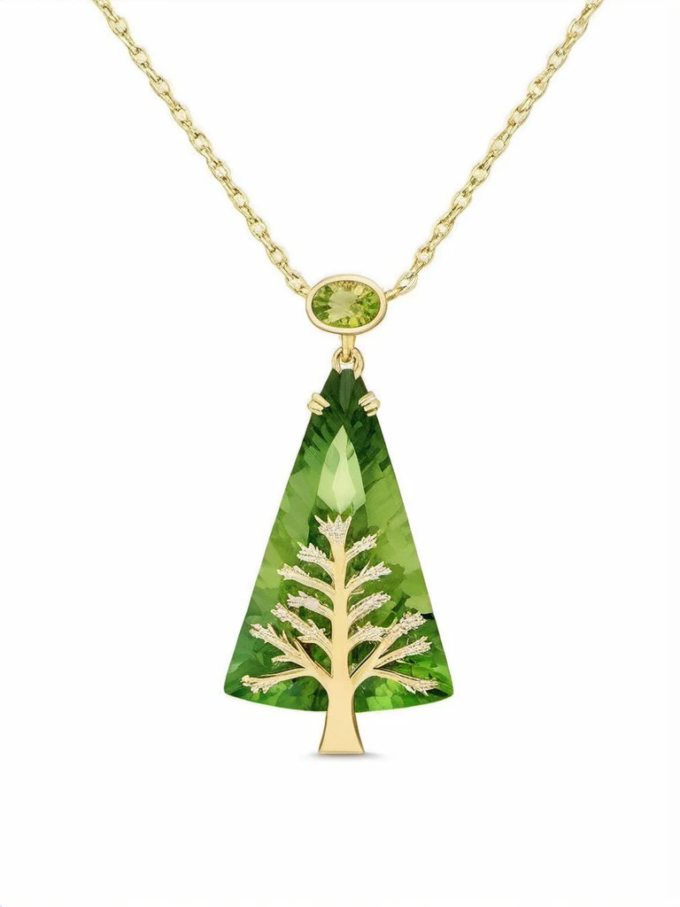 J_gem,
Necklace: A delicate yellow gold chain with a single, vibrant green peridot cut in a unique pine tree shape as the centerpiece. The stone is bezel set and shines against a snowy white background with faint golden light, creating a festive, nature-inspired feel.