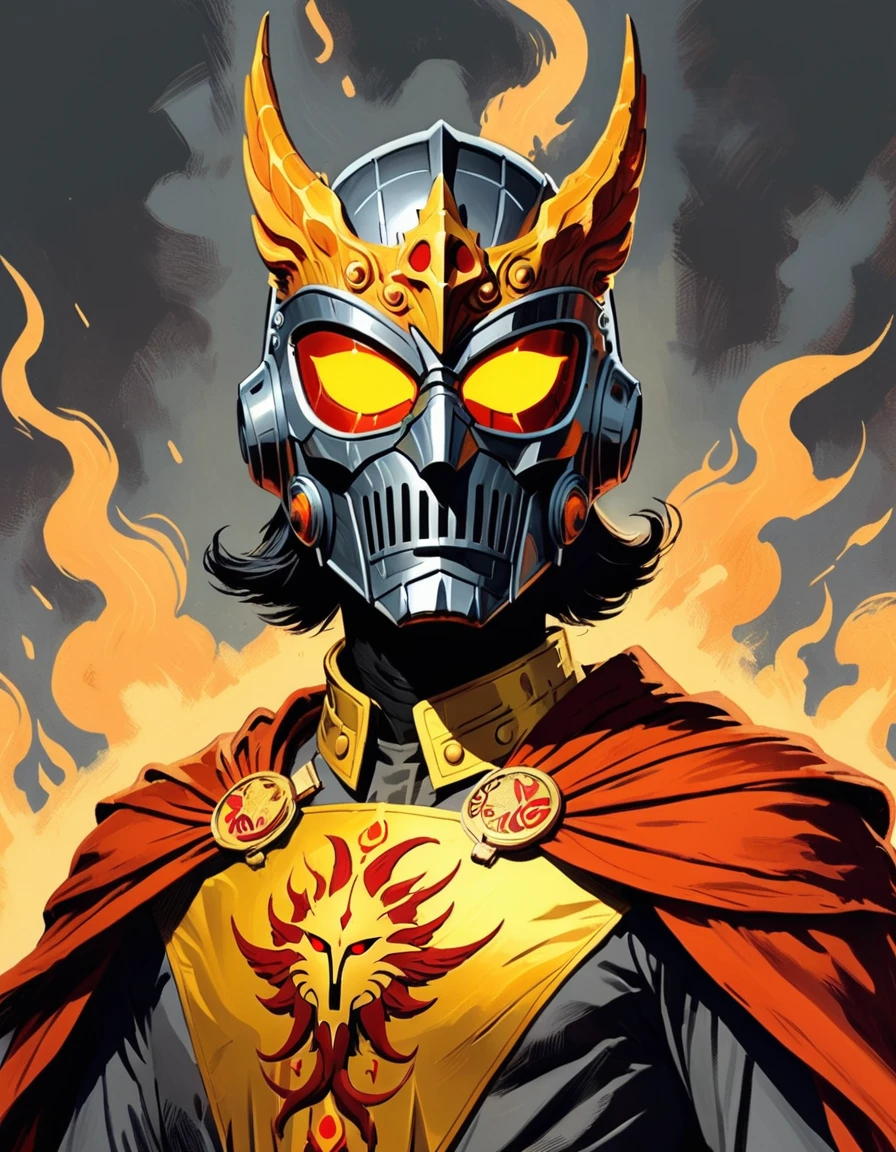 <lora:RetroHero:1> retrohero , classic comic book style ,  Meteor Suit: Dark gray with flaming orange streaks, impact-resistant material, and comet-like helmet crest.  Long Golden Yellow Cape with Embroidered Sun Emblem Raven Mask: Pointed nose and angular design, resembling a bird's beak for avian-themed heroes. Dragon Flame Shield: A dark red dragon head with fire emanating from its mouth, framed in a silver hexagon. Older man