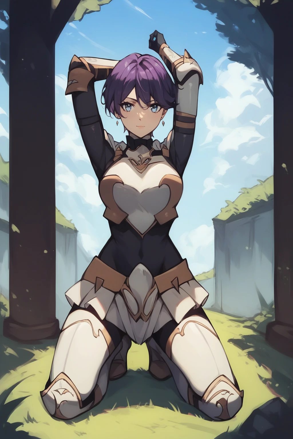 score_9, score_8_up, score_7_up,
looking at viewer, facing viewer, outdoors,
short hair, purple hair, blue eyes, <lora:Beefeater-08:1> 
armor, 
arms up, kneeling, seductive pose