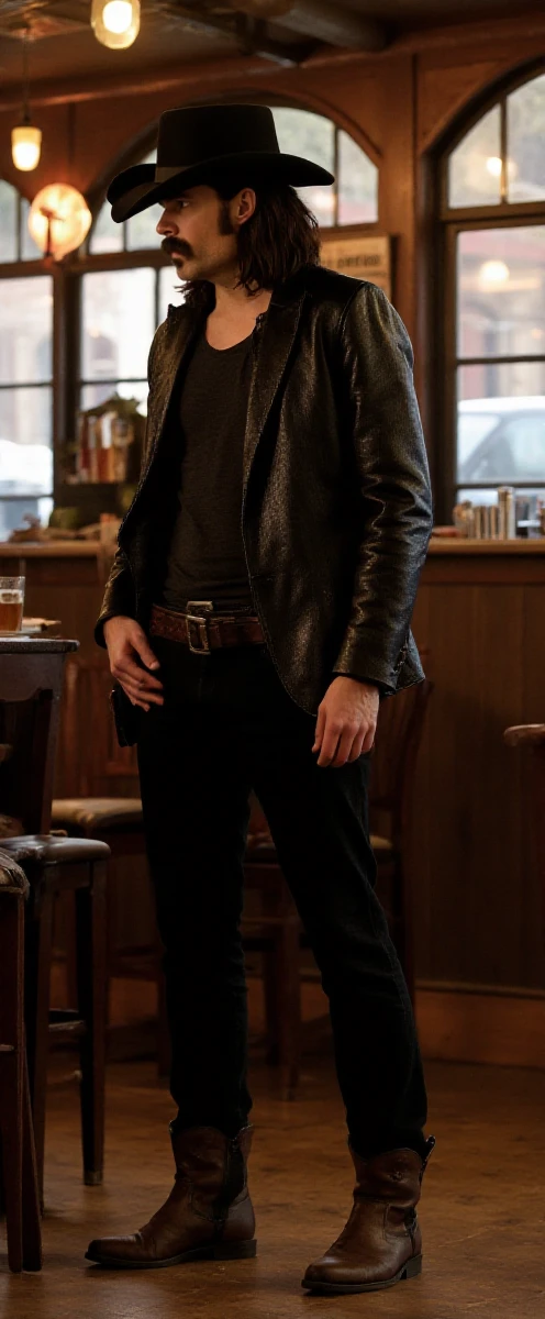 <lora:Doc_Holliday:0.9> doc holliday, facial hair, long hair, hat an cowboy boots. He is standing in a starbucks