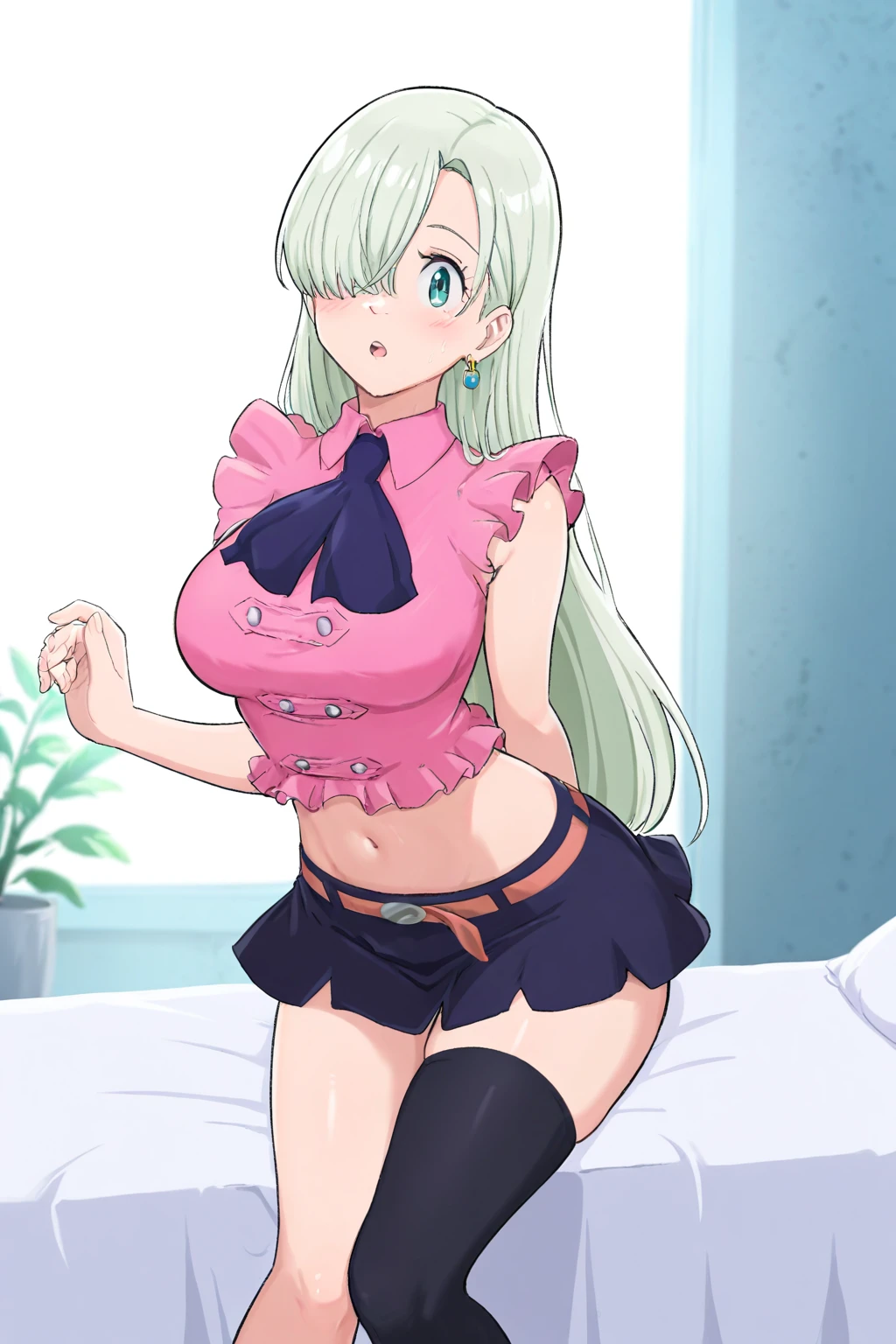 masterpiece, best quality, very aesthetic,, 1girl, elizabeth_liones, outfit1, hair over one eye, white hair, pink shirt, black ascot, midriff, navel, single thighhigh, black skirt,