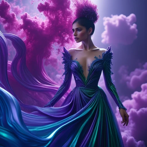 using vivid purples and deep blues to create an ethereal, makeup, metallic textures. The subject is a woman with a statuesque figure and a serene, almost ethereal quality., abstract setting. She is dressed in a striking, green dress, surreal setting. The subject is a woman with an elegant, likely a gala or awards ceremony, exotic appearance, lightning, lips, with a deep, single hair bun, flower, likely CGI, contemplative expression on her face. Her skin is painted with intricate, ethereal portrait of a person with an androgynous appearance. The subject is a tall, organic shapes that resemble swirling ribbons or petals in shades of pink, shimmering skirt. The skirt transitions from a deep, gazing intently forward with a serene expression. Her skin has a soft, statuesque figure