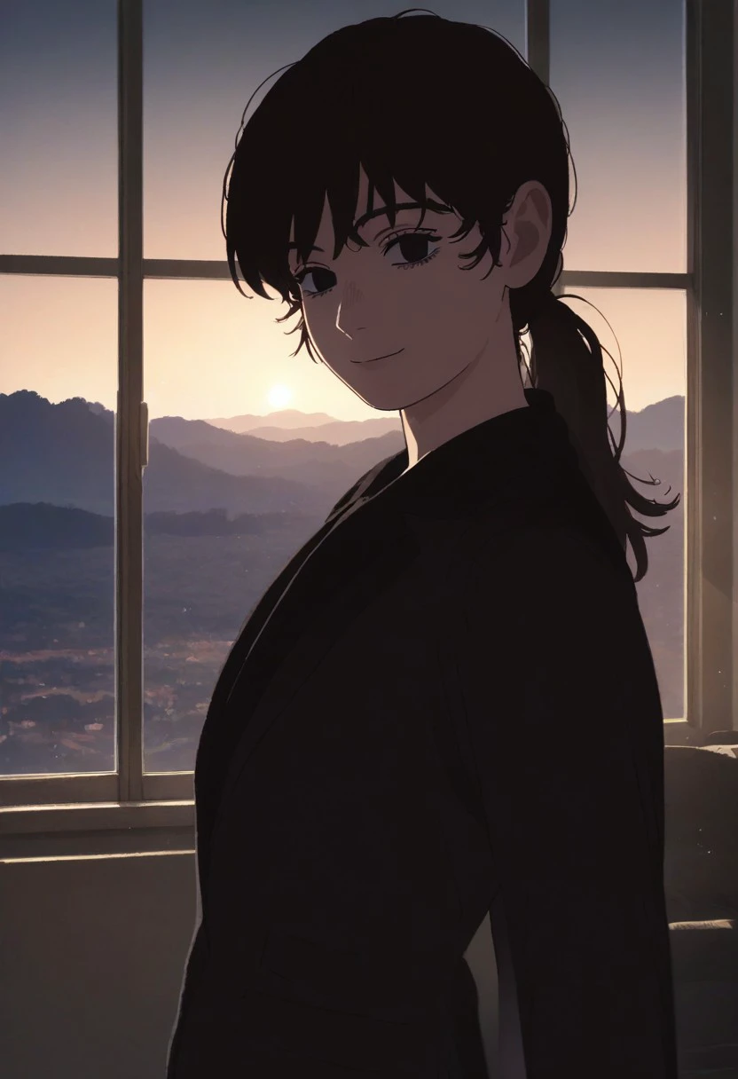 score_9_up, score_8_up, score_7_up, score_6_up, BREAK Fuj1noLB, 1girl, black hair, long hair, black eyes, ponytail, bangs, formal, suit, black jacket, black shirt, black pants, looking at viewer, smile, mouth closed, bedroom, window, daytime, bright lighting, standing, facing viewer, beautiful background, beautiful art, detailed background