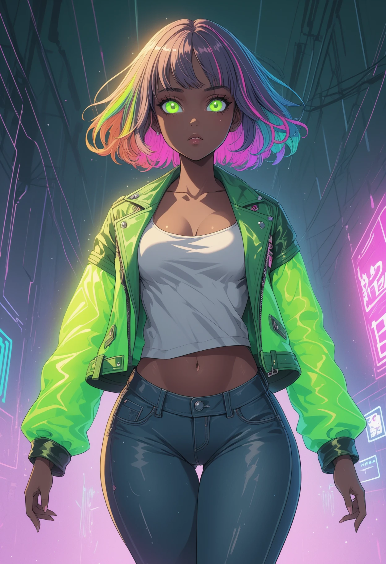 1girl, rainbow hair, solo, dark_skin, tan_skin, green leather jacket, wearing a tshirt, denim jeans, foggy neon futuristic, summer jacket, sakura falling, medium breasts, voluptuous, dynamic angle, looking at viewer, detailed eyes, cinematic_angle, cinematic_lighting, detailed_design, intricate_design, elaborate_design, highly_detailed, detailed_vector_art , masterpiece, very aesthetic