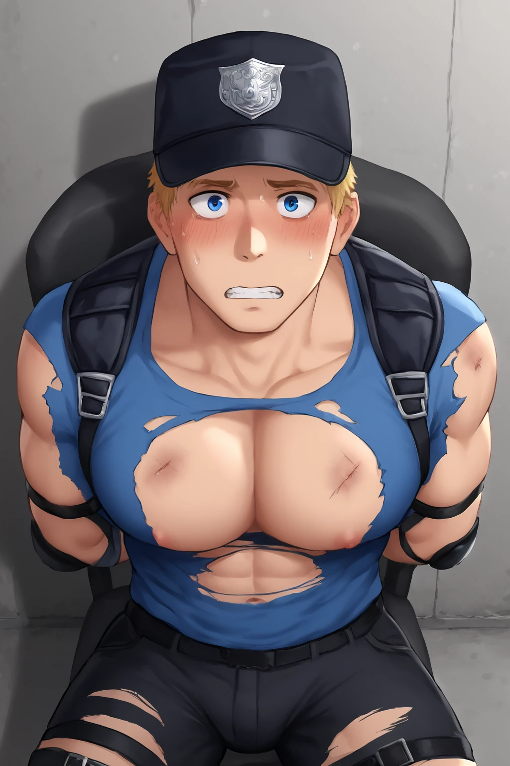 hands behind back, scared, muscular, blue t-shirt, sleeves, bruised, tired, clothes torn, shirt torn, hole in chest shirt, blush, black baseball cap, elbow pads, police uniform, shoulder straps, blonde hair, black pants, blue eyes, (masterpiece, best quality:1.2), solo, male focus, 1boy, big pecs, dungeon, sitting on chair, facing viewer