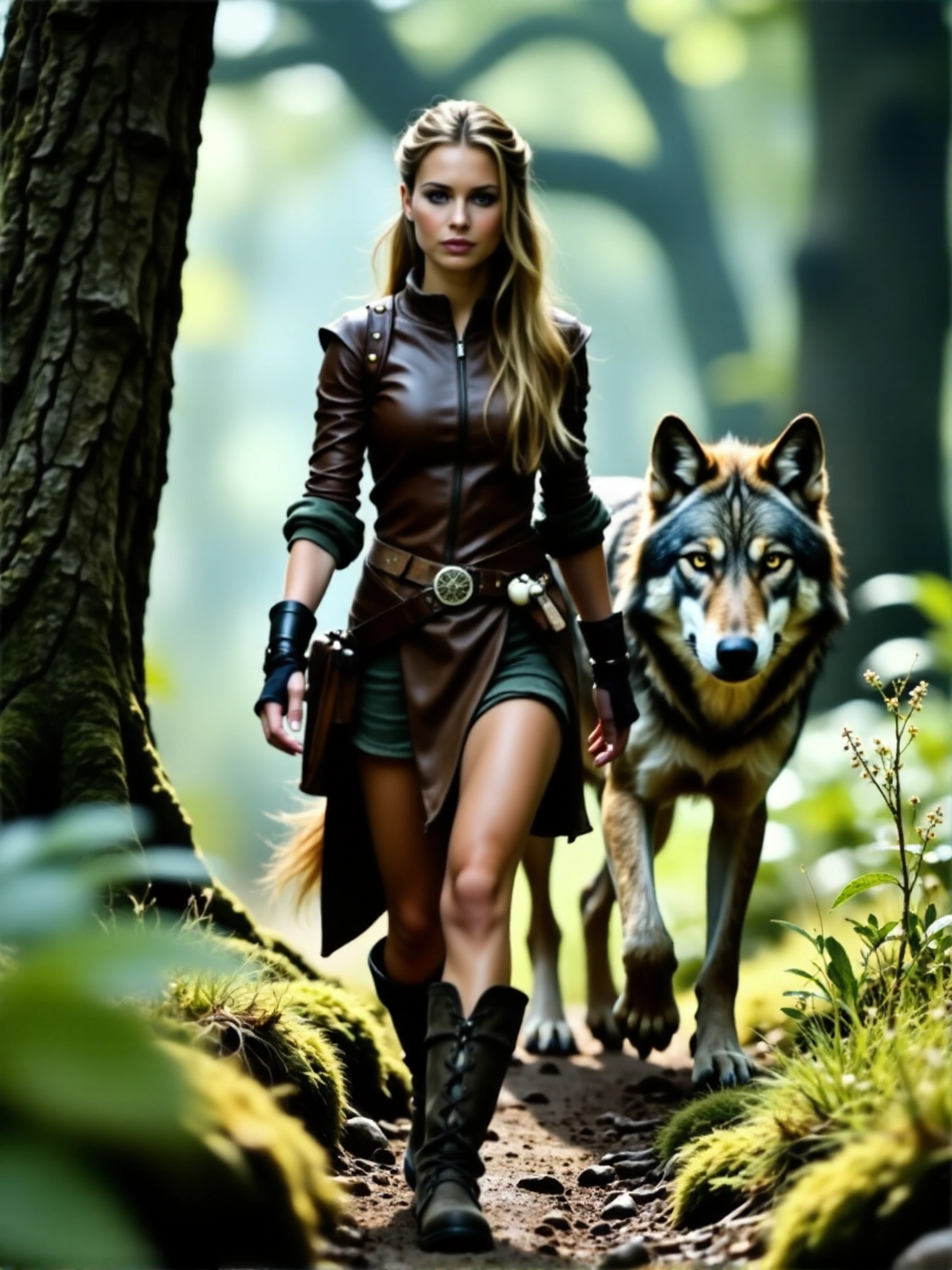 woman, looking directly at viewer, upper body. A beautiful, slender woman with an ethereal face stride purposefully through a wild, ancient forest, a massive, towering dire wolf at her side. Her gaze is intense yet thoughtful, with a mysterious glimmer as it catches the dappled light filtering through the trees. Her demeanor is calm but alert, embodying wisdom and resilience from years in the wilderness. Long, flowing hair frames her face in soft waves, shining in the shifting sunlight, cascading down her shoulders and back, with some strands tucked behind one ear. She's dressed in a rugged, survival-ready outfit: a fitted leather tunic in dark brown, subtly stitched along the seams with a high collar for protection against the elements. Her leather is worn but well-maintained, showing signs of use while retaining its shape. A belt at her waist carries small, practical pouches and a sheathed dagger, and fingerless gloves protect her hands, allowing dexterity. An ornate, large hunting bow made of ivory rests on her back. Her tall, reinforced boots bear mud and dust marks from extensive travel over rough terrain. The dire wolf walking beside her, its head level with her shoulders, has a thick coat of silvery gray and dark charcoal, with intelligent eyes reflecting her own. Its presence is commanding yet serene, its muscular body and large paws moving silently, staying close to her side, its gaze vigilant. The surrounding forest is vibrant and teeming with life, with towering trees whose branches form a canopy of shadows and light, while patches of sunlight brighten the lush, mossy ground. Vines hang from lofty branches, and wildflowers dot the foliage with color. Meandering streams reflect sunlight, and a subtle mist lingers in the air, contributing to the forest's mystical aura.