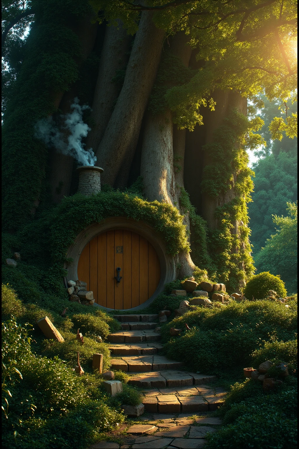 madgod, stop motion,A whimsical scene unfolds as the camera captures the serene atmosphere of an enchanted forest. Amidst the lush green foliage and sunlit trees, a charming hobbit-style dwelling nestles cozily into the nook of a massive tree trunk. Smoke lazily billows from the chimney, carrying the scent of warmth and comfort. Steps lead up to the round door, inviting viewers to enter this mystical realm, 10 degree wide angle, movie still