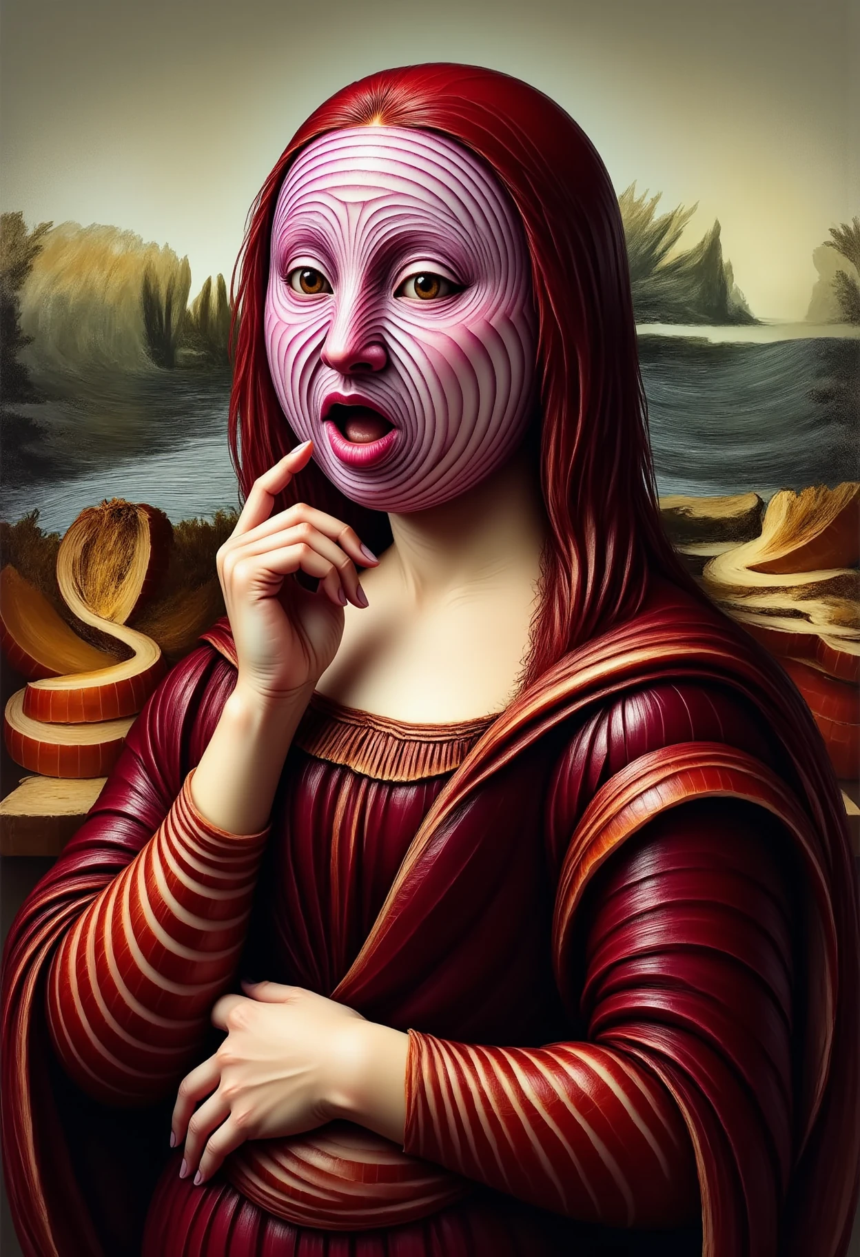 in an alternate universe a chunky onion inspired Mona Lisa poses with her hands pulling a mask with a shocked expression off her face. She's peeling a layer of her skin like taking a mask off. ok I had to cheat this one
<lora:dvr-onion-flux:1> dvr-onion-flux