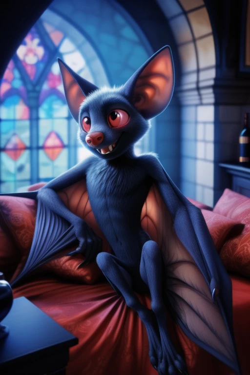 male, solo, solo male, batdrac, vampire bat, anthro bat, black fur, (winged arms, patagium, membrane \(anatomy\):1.2), colored sclera, pink sclera, red nose, red eyes, chest tuft, body fur, (skinny, petite, tiny waist:1.2), half-closed eyes, blush, open mouth, fangs, leaning on elbow, short tail, furry male, tiny, chibi, velvet, bed, sitting, leaning, on side, lounge chair, reclining, bent arm, castle interior, rose window, stained glass, bedroom, pillow, ornate, night, masterpiece, extreme detail, wineglass, bottle, flirty, open smile, colorful, featureless crotch, crotch tuft, crossed legs