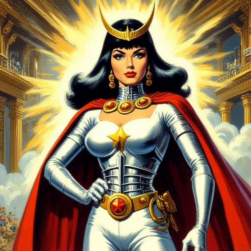 his image is a digital illustration in a vivid, richly detailed style reminiscent of classic comic book art. The central figure is a woman with a confident, poised stance, standing in an elaborate, ornate setting. She has long, flowing black hair with bangs styled in a classic bob, and wears a striking white outfit with gold accents. The outfit includes a high-necked top that highlights her ample breasts, and a tight-fitting skirt that accentuates her slender waist. Her outfit also features a gold emblem on her chest and a matching cape with red lining. She wears gold earrings and a golden headdress adorned with a red star, giving her an otherworldly appearance and Her armor is also silver, covering her torso and legs, with a blue bodysuit underneath. A striking red cape flows behind her, adding a dramatic flair. Her expression is determined, with a fierce gaze.