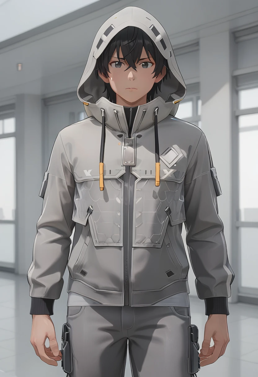 bunsekiin,black hair,grey pants,grey jacket,(hood up), <lora:Bunsekiin:0.7>