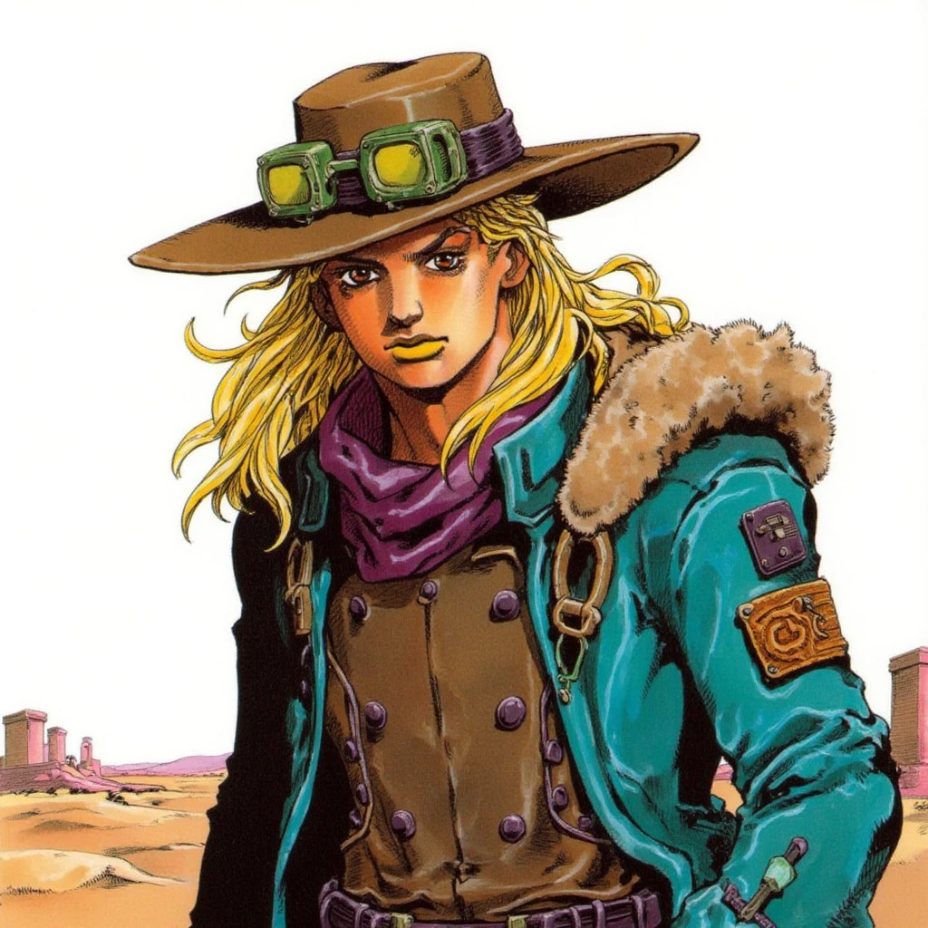 Male character with a wild, adventurous look. He has long, flowing blonde hair that spills out from under a wide-brimmed hat, which features bold goggles on top. His outfit is a mix of old-world Western and futuristic elements. He wears a rugged, fur-lined jacket. The character is as if about to perform an action of significance. His expression is focused and intense, with sharp eyes that suggest both intelligence and danger. The character's posture is slightly leaning forward, enhancing the sense of movement and purpose. The background is a clean western desert, allowing the vibrant details of his attire, including the teal and purple color palette, to stand out prominently.