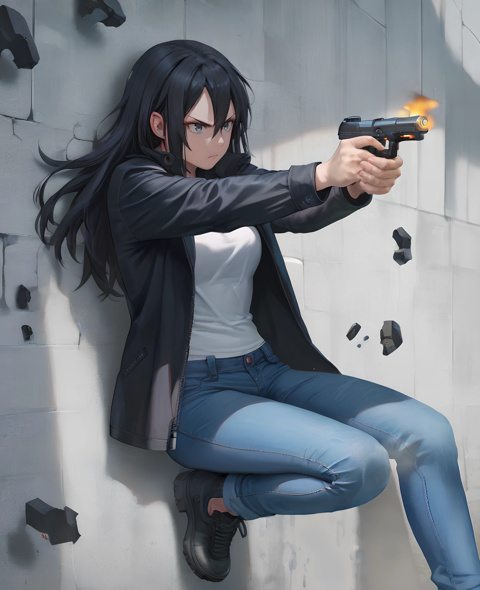 fn five-seven, five-seven, gun, pistol, firing, <lora:FN Five-seveN:1>  1girl, black hair, long hair, black jacket, anime, blue jeans, concrete, wall, smoke,, score_9, score_8_up, score_7_up, score_6_up, score_5_up, score_4_up,