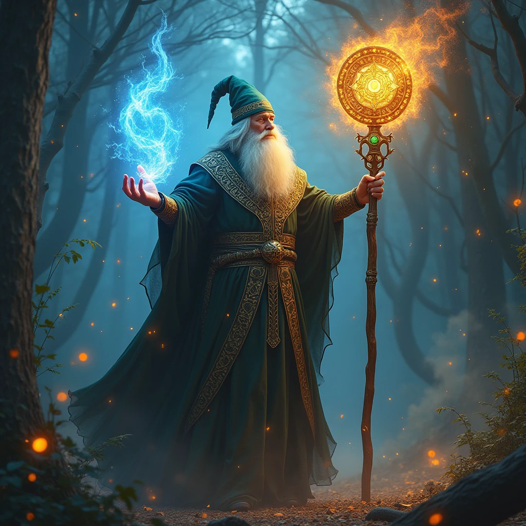 a powerful wizard casting an intricate spell, holding an elaborately designed staff adorned with mystical symbols and glowing gems, surrounded by swirling magical energies, arcane runes illuminating the air, epic confrontation in a dark enchanted forest, inspired by fantasy artists like alphonse mucha and greg rutkowski, ultra-detailed digital art, 4K UHD image