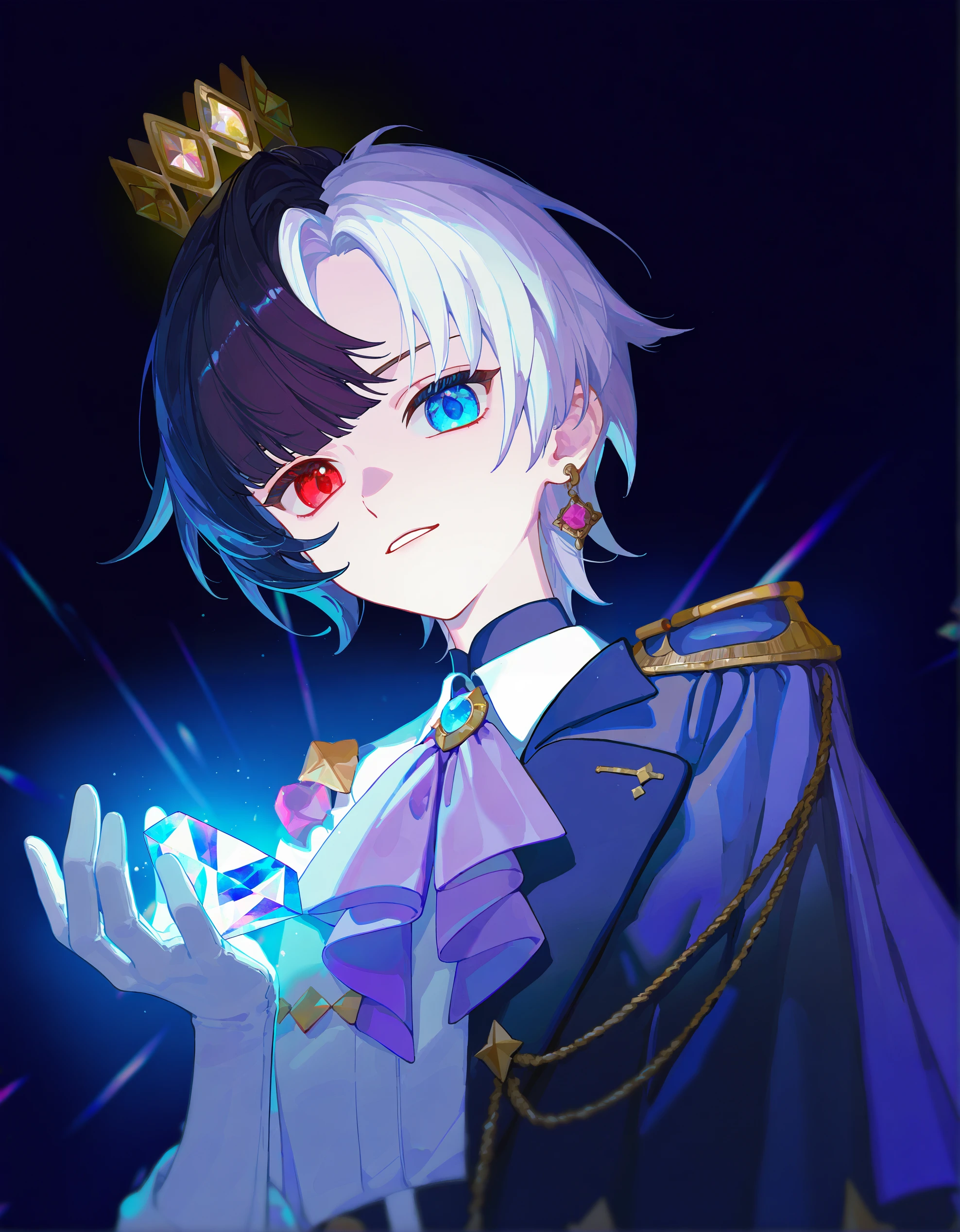 solo, rin penrose, black hair, white hair, split-color hair, androgynous, (ciloranko:0.65), (bartolomeobari:0.65), absurdres, colorful, mini crown, single epaulette, purple ascot, heterochromia, head turn, looking at viewer, holding diamond, hand up, glowi...