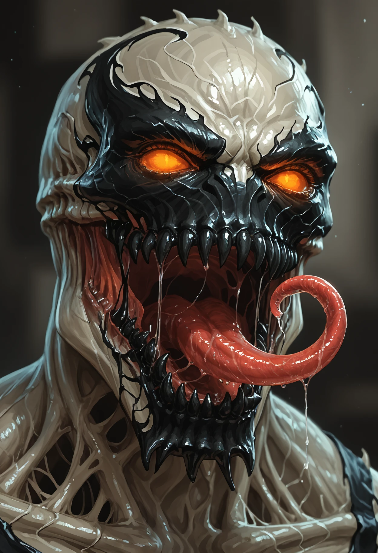 zPDXL3, score_9, score_8_up, score_7_up, (detailed face, detailed body, detailed background, perfect anatomy, masterpiece, high quality, best quality), rating_safe, source_horror, blurry background BREAK portrait, close-up, anti-venom, symbiote, orange eyes, glowing eyes, glowing mouth, sharp teeth, (black teeth), no pupils, monster, monstrous, long tongue, open mouth, scary, saliva string, drooling, drooling tongue <lora:detailed_notrigger:1> <lora:Anti-Venom_Marvel_V1:1>  <lora:1dkXLP:0.4>