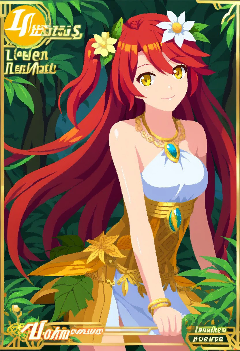 framecard, 1girl, solo, long hair, looking at viewer, smile, hair ornament, bare shoulders, jewelry, yellow eyes, flower, red hair, hair flower, character name, gradient, leaf, one side up,cowboy shot