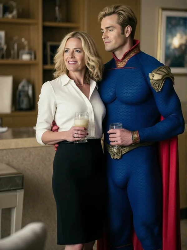 <lora:Madelyn_Stillwell:0.9> madelyn stillwell, blonde hair, realistic, shirt, smile, jewelry, black pencil skirt, higheels. full body. She is next to a blond man wearing a blue bodysuit and a red cape. They holds glass of milk