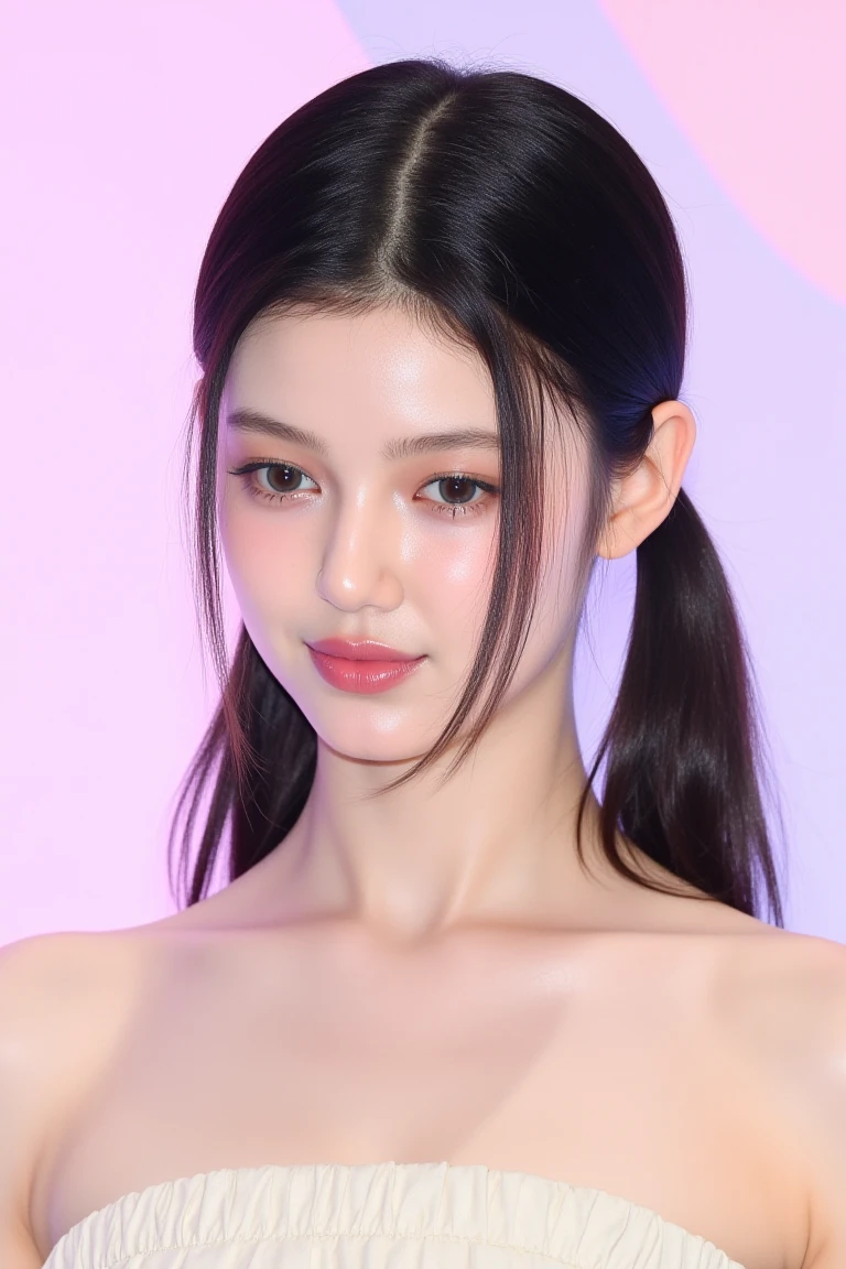 This photograph captures a young Asian woman with fair skin and long, twin tails black hair. She has a slender physique and is wearing a strapless, sheer cream top that reveals her small breasts. Her makeup is subtle, with a focus on her eyes striking feature, with a subtle, shimmery effect that catches the light, which are accentuated by winged eyeliner and long, dark lashes. The background is a gradient of pastel tones like soft pink, light purple, and subtle orange. The lighting is soft, enhancing her natural beauty and creating a serene, dreamlike atmosphere. The overall aesthetic is elegant and feminine, with a hint of innocence and sensuality.  <lora:Tissue_Danielle_Flux_v1.1-LowRep:1>