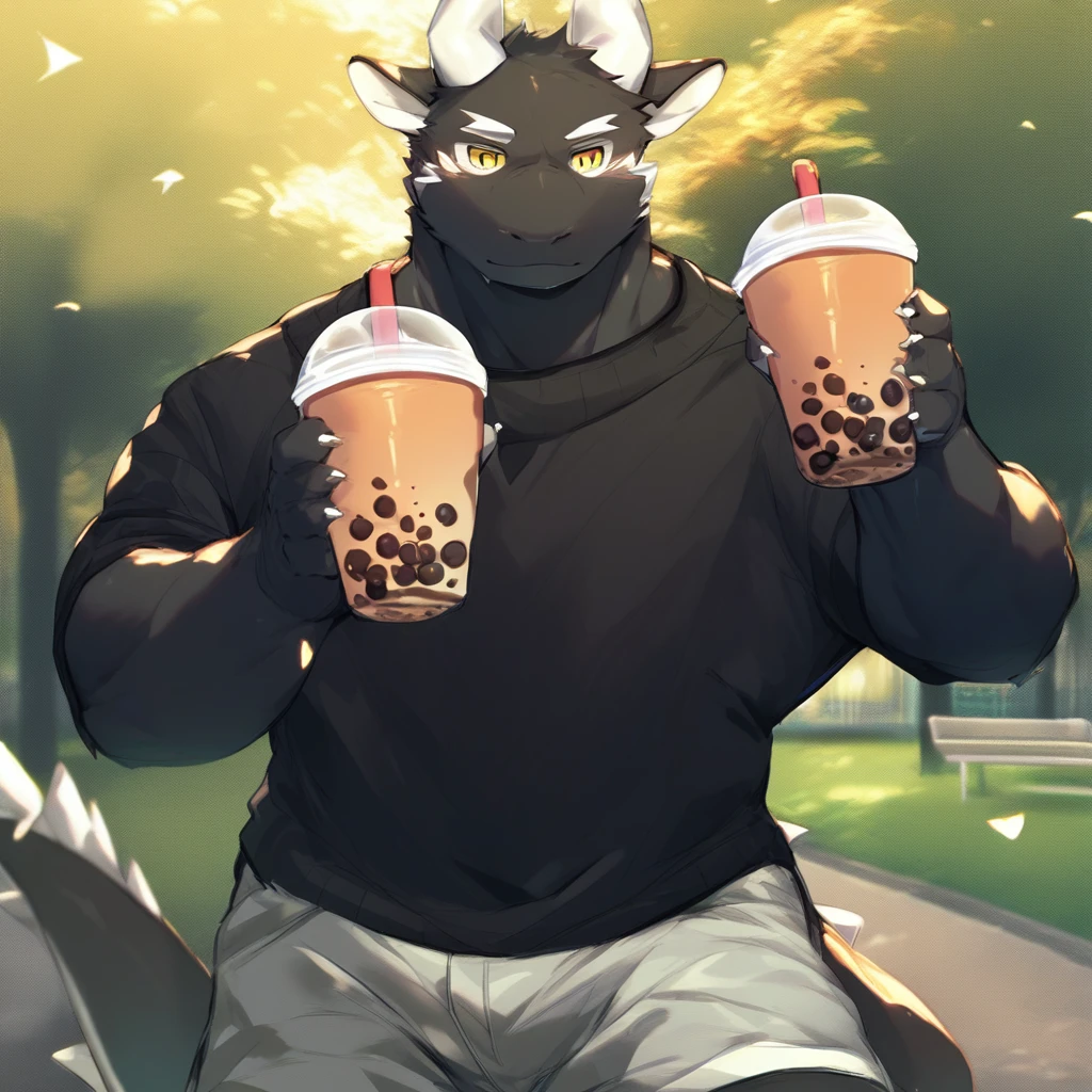 score_9_up, score_8_up, score_7_up, source_furry, mikus-style, black dragon, black body, white horns, yellow eyes, park, holding, bubble tea, black sweater, gray shorts, 1boy, solo