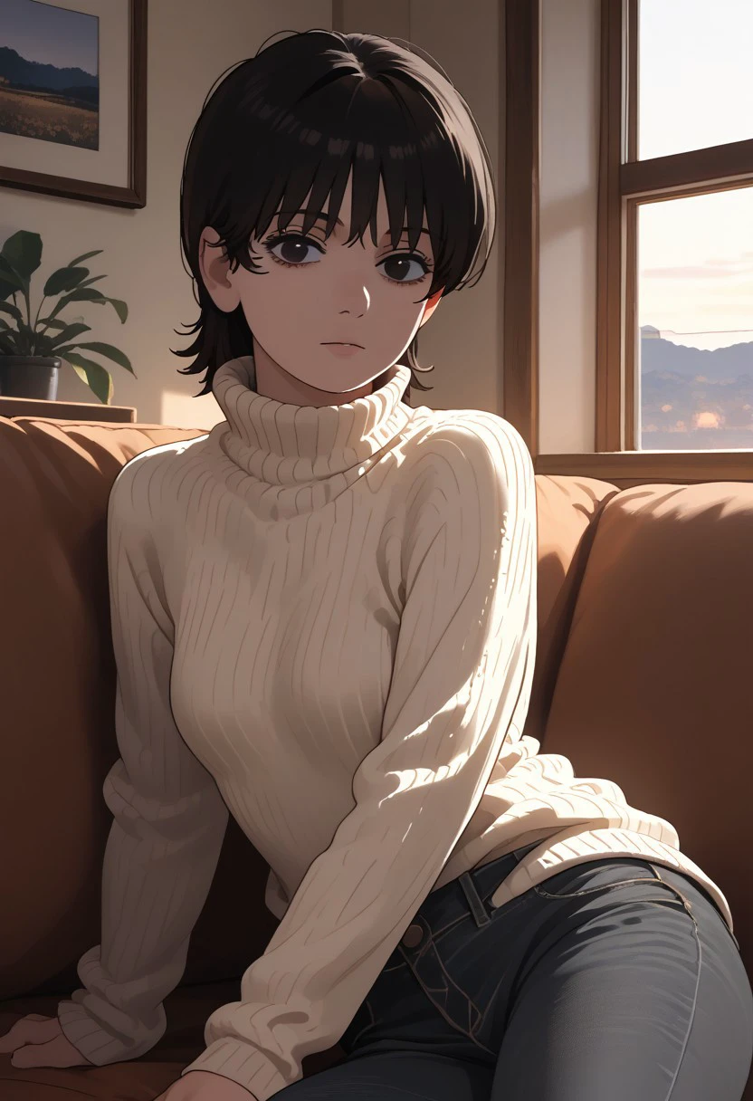 score_9_up, score_8_up, score_7_up, score_6_up, BREAK Fuj1noLB, 1girl, black hair, short hair, bangs, black eyes, turtleneck sweater, white sweater, black jeans, sitting on sofa, lying on side, living room, window, looking at viewer, bright lighting, beautiful background, beautiful art, detailed background