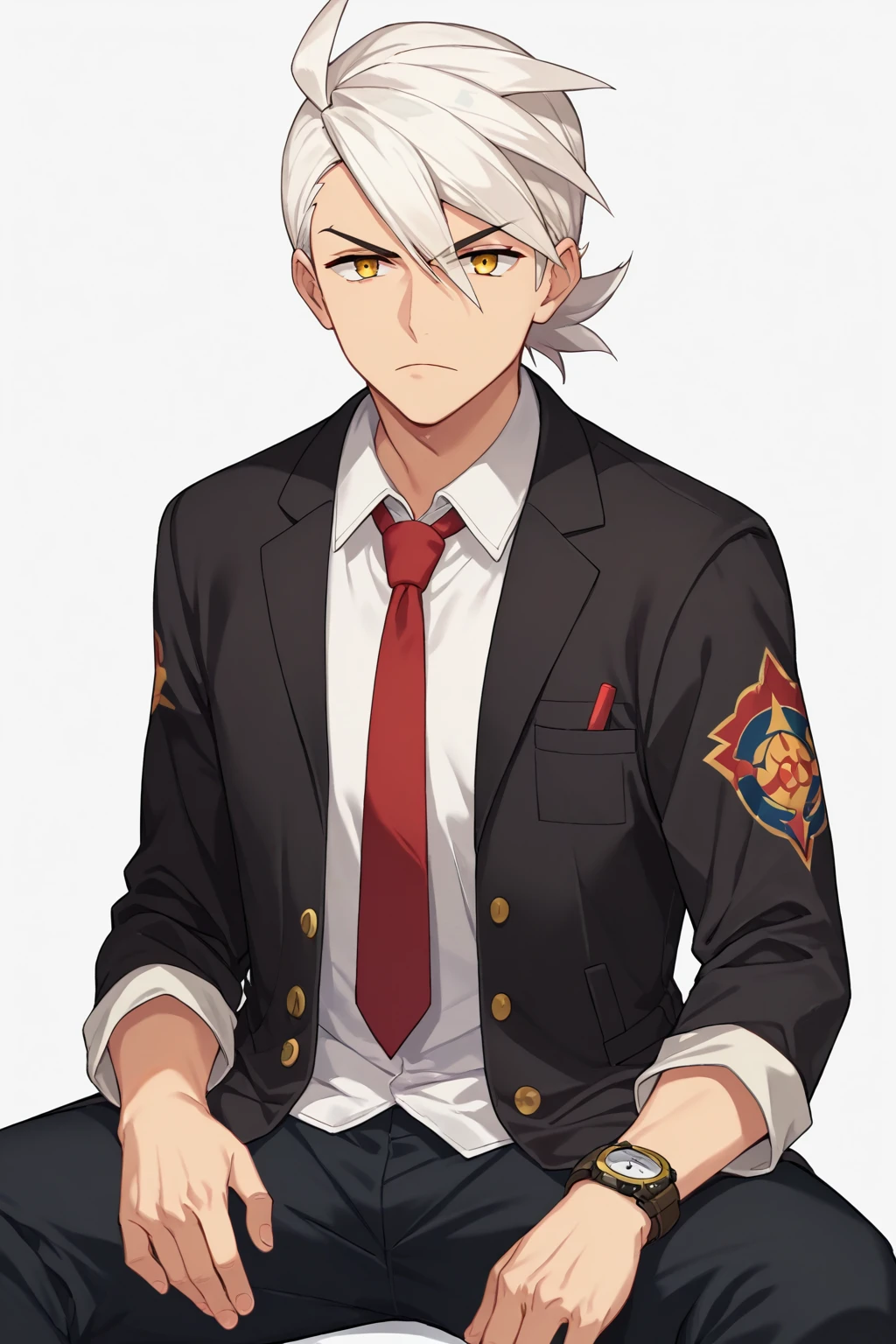 (score_9, score_8_up:1.1), score_7_up, high res image,masterpiece, professorfriede, 1boy, solo, white hair, yellow eyes, business suit, black jacket, white shirt,red necktie, black pants, watch, sitting, spread legs, serious, looking at viewer, white background